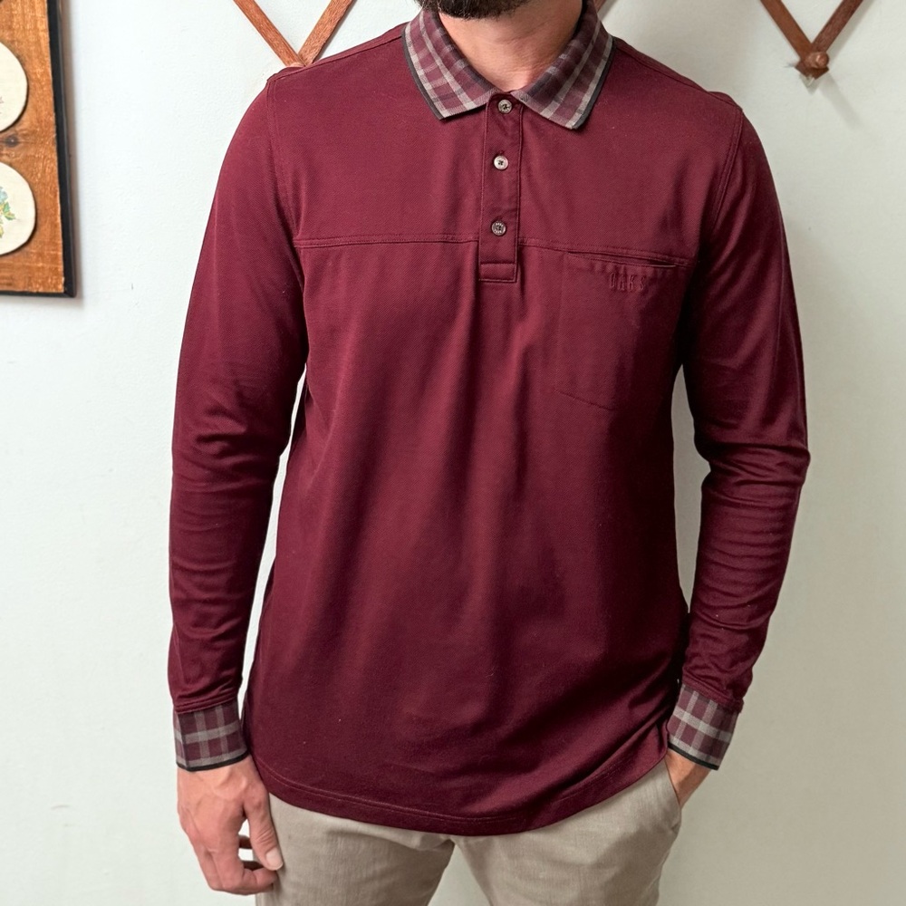 Daks London Checkered Plaid Trim Burgundy Long Sleeve Polo Shirt